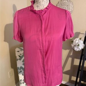 Tahari Pink Puff Sleeve Blouse with Mandarin Collar
